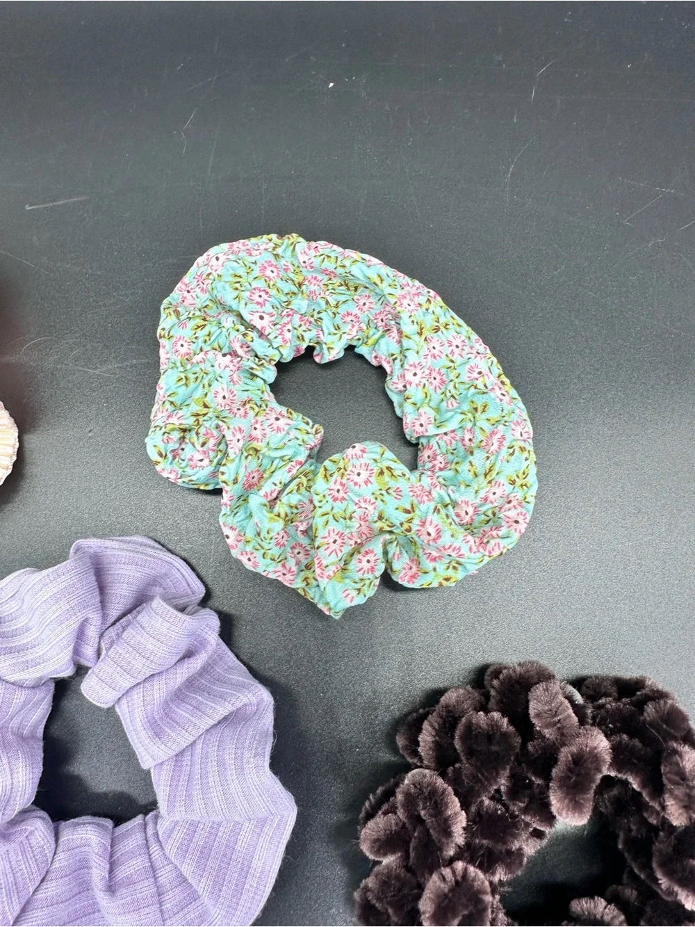 6 Pc Hair Scrunchies Set Pastel Ribbed Knit Plaid Floral Velvet Plaid Hair Ties